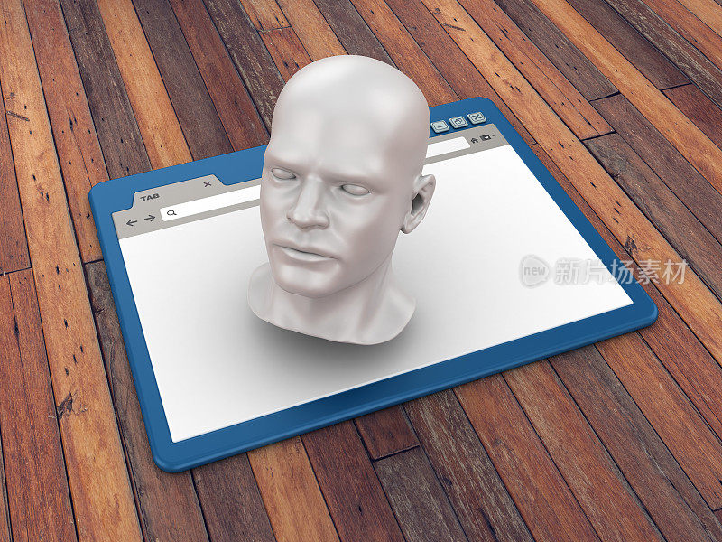 Web浏览器与人的头在木地板背景- 3D渲染
